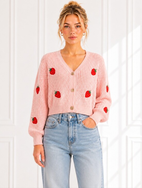 Sweaters - Strawberry Button Front Knit Cardigan Sweater Pink Cropped Cottagecore Size M
